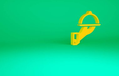 Yeşil arka planda izole edilmiş bir tepsi yiyecek ikonu ile kaplanmış turuncu. Tepsi ve kapak işareti. Kapaklı bir restoran saati. Minimalizm kavramı. 3d illüstrasyon 3B canlandırma