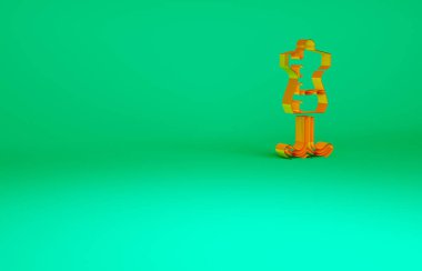Yeşil arkaplanda turuncu manken simgesi izole edildi. Terzi mankeni. Minimalizm kavramı. 3d illüstrasyon 3B canlandırma
