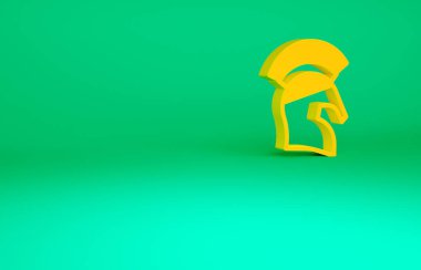 Turuncu Yunan başlık simgesi yeşil arkaplanda izole edilmiş. Tüylü ya da at tüylü askerleri korumak için antika miğfer. Minimalizm kavramı. 3d illüstrasyon 3B canlandırma