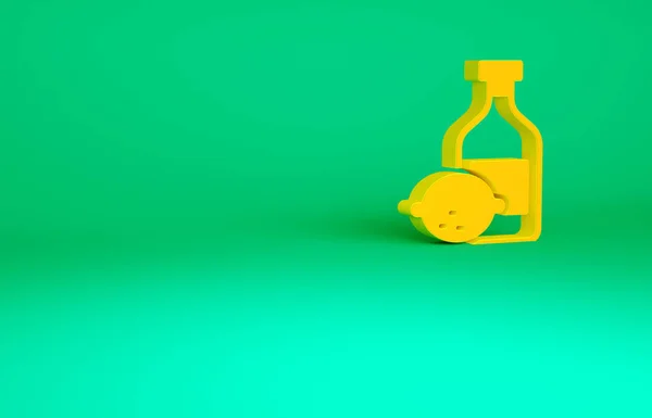 Icono de botella de Limoncello naranja aislado sobre fondo verde. Botella de limonada fresca casera. Concepto minimalista. 3D ilustración 3D render —  Fotos de Stock