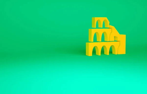 Orange Coliseum di Roma, ikon Italia diisolasi dengan latar belakang hijau. Tanda Colosseum. Simbol Romawi Kuno, pertarungan gladiator. Konsep minimalisme. Tampilan 3D ilustrasi 3d — Stok Foto