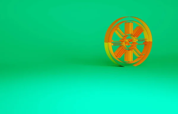 Icono de rueda de madera de Orange Old aislado sobre fondo verde. Concepto minimalista. 3D ilustración 3D render — Foto de Stock