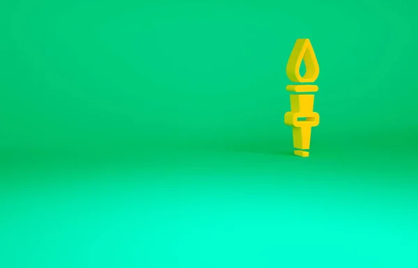 Ícone de chama da tocha laranja isolado no fundo verde. Fogo de símbolo quente, poder de chama, flamejante e calor. Conceito de minimalismo. 3D ilustração 3D render — Fotografia de Stock