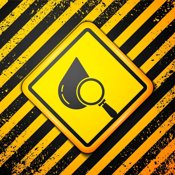 Schwarz Tropfen Und Lupe Symbol Isoliert Auf Gelbem Hintergrund Warnzeichen — Stockvektor