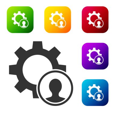 Siyah başlı av ikonu beyaz arka planda izole edildi. İş hedefi ya da İstihdam tabelası. İş için insan kaynakları ve adam toplama. Renkli kare düğmelerle simgeleri ayarla. Vektör.