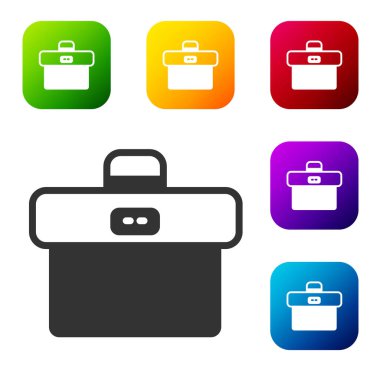 Beyaz arkaplanda siyah evrak çantası simgesi izole edildi. İş ilanı. İş portföyü. Renkli kare düğmelerle simgeleri ayarla. Vektör.