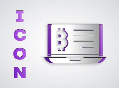 Kağıt kesiği, gri arka planda izole edilmiş dizüstü bilgisayardan çıkan bitcoin. Kripto para birimi madenciliği, engelleme zinciri teknoloji servisi. Kağıt sanatı tarzı. Vektör.