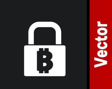 Siyah arkaplanda bitcoin simgesi olan beyaz kilit. Kripto para madenciliği, engelleme teknolojisi, güvenlik, koruma, dijital para. Vektör.