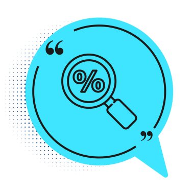 Siyah çizgi büyüteç, beyaz zemin üzerinde yüzde ikon izole edilmiş. İndirimli aramalar. İndirim tabelasını ara. Mavi konuşma balonu sembolü. Vektör İllüstrasyonu.