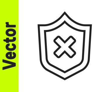 Beyaz arkaplanda çapraz iz simgesi olan siyah çizgi kalkanı. Kalkan ve reddedildi. Reddetme bildirimi. Vektör.