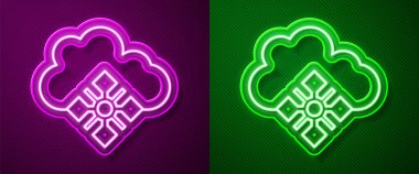 Pembe ve yeşil arkaplanda izole edilmiş kar ikonu olan parlak neon çizgisi. Kar taneli bulut. Tek hava ikonu. Kar tabelası. Vektör.
