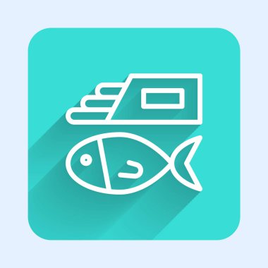 Beyaz çizgi Balık ve patates kızartması ikonu uzun gölgeli izole edilmiş. Yeşil kare düğmesi. Vektör.