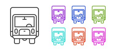 Siyah çizgi kargo kamyonu ikonu beyaz arka planda izole edildi. Simgeleri renklendirin. Vektör.