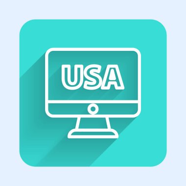 Amerika Birleşik Devletleri 'nin beyaz hattı uzun gölgeli monitör ikonunda. Yeşil kare düğmesi. Vektör.
