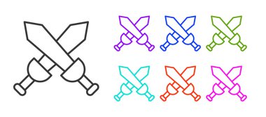 Siyah çizgi beyaz arka planda izole edilmiş ortaçağ kılıç simgesini geçti. Ortaçağ silahı. Simgeleri renklendirin. Vektör.