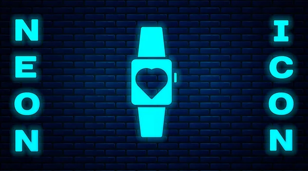 Glödande Neon Smartwatch Ikon Isolerad Tegel Vägg Bakgrund Vektor — Stock vektor