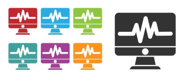 Beyaz zemin üzerinde kardiyogram simgesi olan siyah bilgisayar monitörü. Simge denetleniyor. Kalp atışı elle çizilmiş EKG monitörü. Simgeleri renklendirin. Vektör İllüstrasyonu.