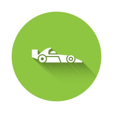Beyaz Formula 1 yarış arabası ikonu uzun gölgeli izole edilmiş. Yeşil daire düğmesi. Vektör İllüstrasyonu.
