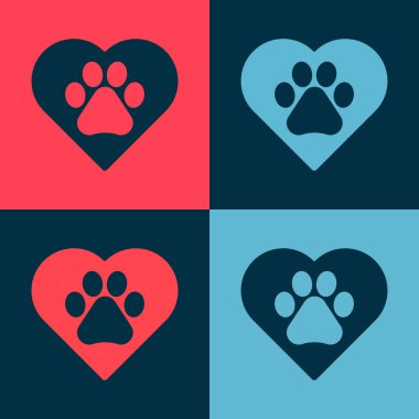 Hayvanların ayak izi ikonuna sahip pop sanat kalbi renk arkaplanında izole edilmiş. Yüreğindeki evcil hayvan pençesi. Hayvanlara sevgiler. Vektör.