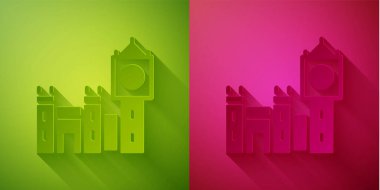 Kağıt kesiği Big Ben kulesi ikonu yeşil ve pembe arka planda izole edilmiş. Londra ve İngiltere 'nin sembolü. Kağıt sanatı tarzı. Vektör.