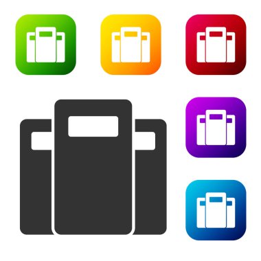 Siyah Polis saldırı kalkanı ikonu beyaz arka planda izole edildi. Renkli kare düğmelerle simgeleri ayarla. Vektör.