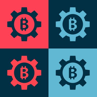 Pop Art Cryptocoin para simgesi Bitcoin renk arkaplan izole. Vites ve Bitcoin ayarı. Engelleme zinciri tabanlı şifreli para birimi. Vektör.