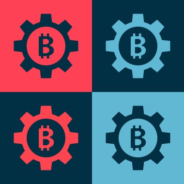 Pop Art Cryptocoin para simgesi Bitcoin renk arkaplan izole. Vites ve Bitcoin ayarı. Engelleme zinciri tabanlı şifreli para birimi. Vektör.