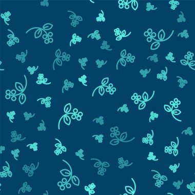 Yeşil çizgi kahve çekirdeği, yapraklı ve böğürtlenli dal mavi arka planda izole edilmiş pürüzsüz desen. Yapraklı bitki, dut, meyve, tohum. Vektör İllüstrasyonu.