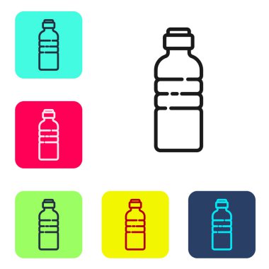Beyaz arka planda izole edilmiş siyah çizgi su ikonu. Soda su içme tabelası. Renkli kare düğmelerle simgeleri ayarla. Vektör İllüstrasyonu.