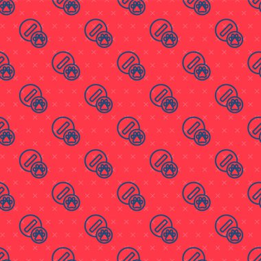 Mavi çizgi köpek hapı ikonu kırmızı arka planda izole edilmiş kusursuz desen. Hayvan için reçeteli ilaç. Vektör.