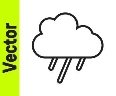 Beyaz zemin üzerinde yağmur ikonu olan siyah çizgi bulutu. Yağmur damlaları ile yağmur bulutu yağışı. Vektör.