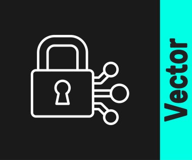 Siyah arkaplanda bitcoin simgesi olan beyaz çizgi kilidi. Kripto para madenciliği, engelleme teknolojisi, güvenlik, koruma, dijital para. Vektör.