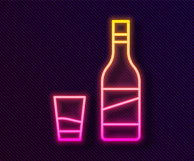 Siyah arka planda izole edilmiş cam ikonlu parlak neon hattı votka şişesi. Vektör.