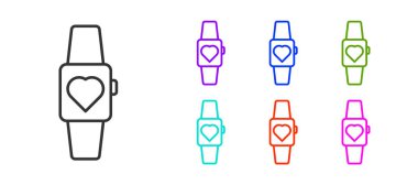 Beyaz arkaplanda siyah çizgi Smartwatch simgesi izole edildi. Simgeleri renklendirin. Vektör.