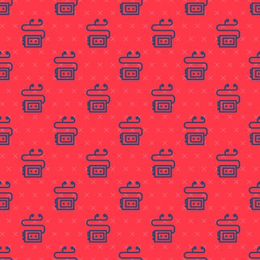 Mavi çizgi müze ses rehberi simgesi kırmızı arkaplanda izole edilmiş. Gezintiler için kulaklık. Vektör.