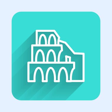 Roma 'daki beyaz çizgi Coliseum, İtalya' nın ikonu uzun gölgeli. Kolezyum işareti. Antik Roma 'nın sembolü, gladyatör dövüşleri. Yeşil kare düğmesi. Vektör.