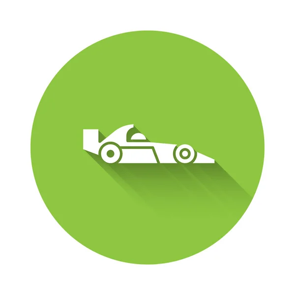 Witte Formule Raceauto Pictogram Geïsoleerd Met Lange Schaduw Groene Cirkel — Stockvector