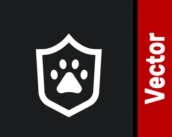 白色动物健康保险图标孤立在黑色背景 宠物保护的概念 狗爪或猫爪印 — 图库矢量图片