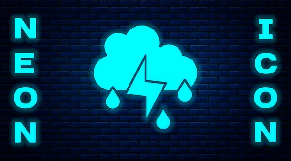 Glowing Neon Cloud Rain Lightning Icon Isolated Brick Wall Background — Stock Vector