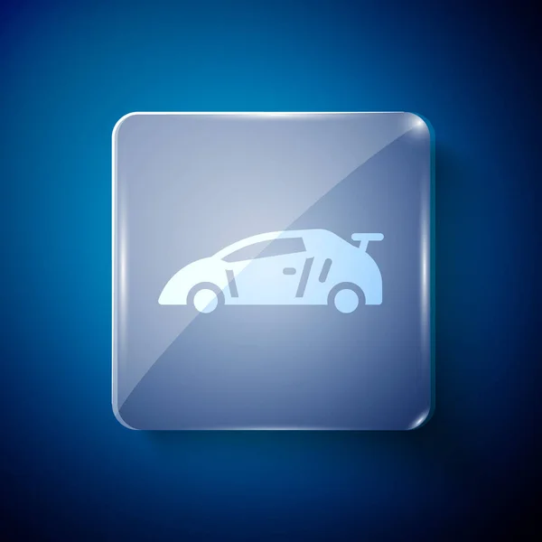 白色运动赛车图标隔离在蓝色背景 方块玻璃面板 — 图库矢量图片