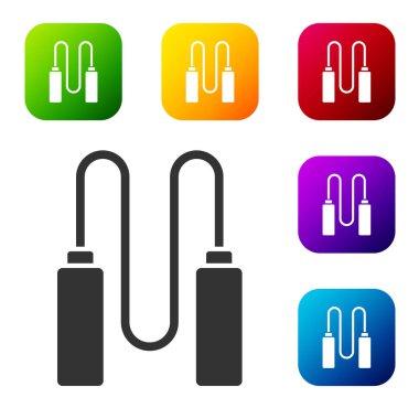 Beyaz arkaplanda siyah atlama ipi simgesi izole edildi. İp atlıyorum. Spor malzemeleri. Renkli kare düğmelerle simgeleri ayarla. Vektör İllüstrasyonu.