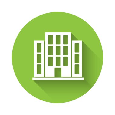 Beyaz Saray ikonu uzun gölgeli. Ev sembolü. Yeşil daire düğmesi. Vektör İllüstrasyonu.