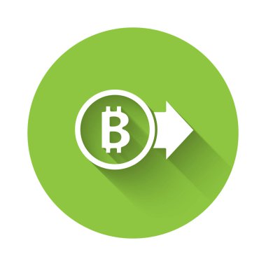 Uzun gölgeli beyaz kripto para Bitcoin simgesi. Madeni para. Engelleme zinciri tabanlı şifreli para birimi. Yeşil daire düğmesi. Vektör.