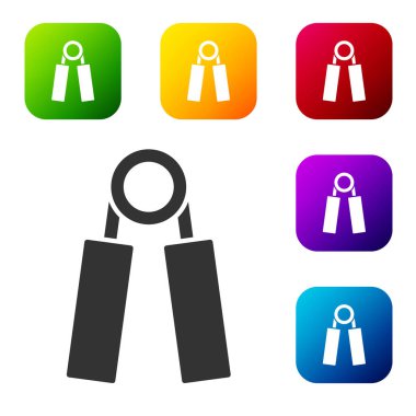 Siyah Spor genişletici simgesi beyaz arkaplanda izole edildi. Spor malzemeleri. Renkli kare düğmelerle simgeleri ayarla. Vektör.