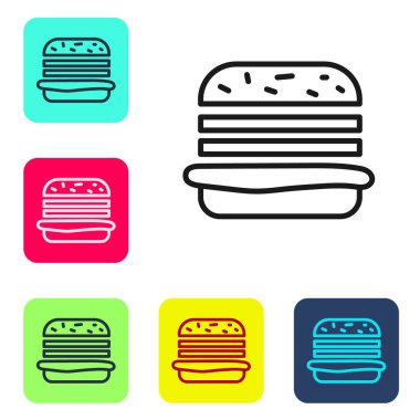 Siyah çizgi Burger simgesi beyaz arkaplanda izole edildi. Hamburger ikonu. Çizburger sandviç tabelası. Fast food menüsü. Renkli kare düğmelerle simgeleri ayarla. Vektör İllüstrasyonu.