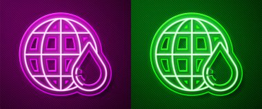 Pembe ve yeşil arkaplanda izole edilmiş su damlası ikonunda parlayan neon çizgisi Dünya gezegeni. Dünya küresi. Su tasarrufu ve dünya çevre koruma. Vektör İllüstrasyonu.