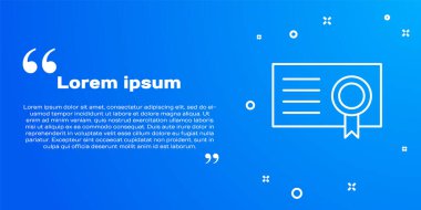 Mavi arkaplanda beyaz çizgi sertifika şablon simgesi izole edildi. Başarı, ödül, diploma, burs, diploma kavramları. Vektör İllüstrasyonu.
