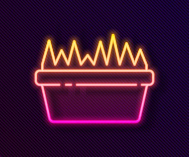 Siyah arkaplanda izole edilmiş dikdörtgen bir ikonda parlayan neon çizgisi taze çimen. Ev dekoru. Büyümenin ve ekolojinin sembolü. Vektör İllüstrasyonu.