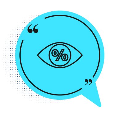 Siyah çizgili göz, beyaz arkaplanda yüzde ikon izole edilmiş. Etiket alışverişi. Özel teklif işareti. İndirim kuponları sembolü. Mavi konuşma balonu sembolü. Vektör İllüstrasyonu.