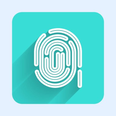 Beyaz çizgi parmak izi simgesi uzun gölgeli izole edilmiş. Kimlik uygulaması simgesi. Kimlik işareti. Kimliğe dokun. Yeşil kare düğmesi. Vektör.